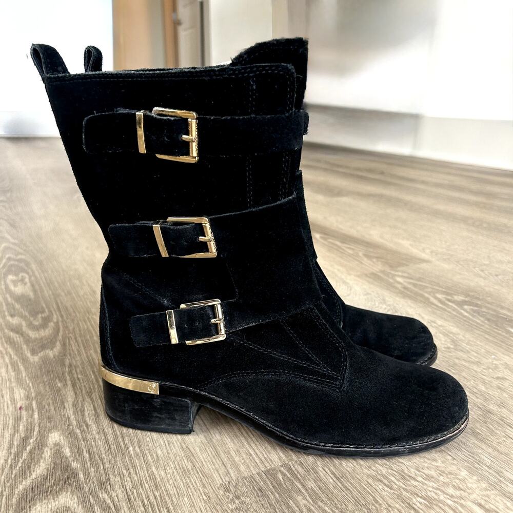 Vince Camuto Suede Triple Buckle Moto Boots Black Gold Hardware Size 9M